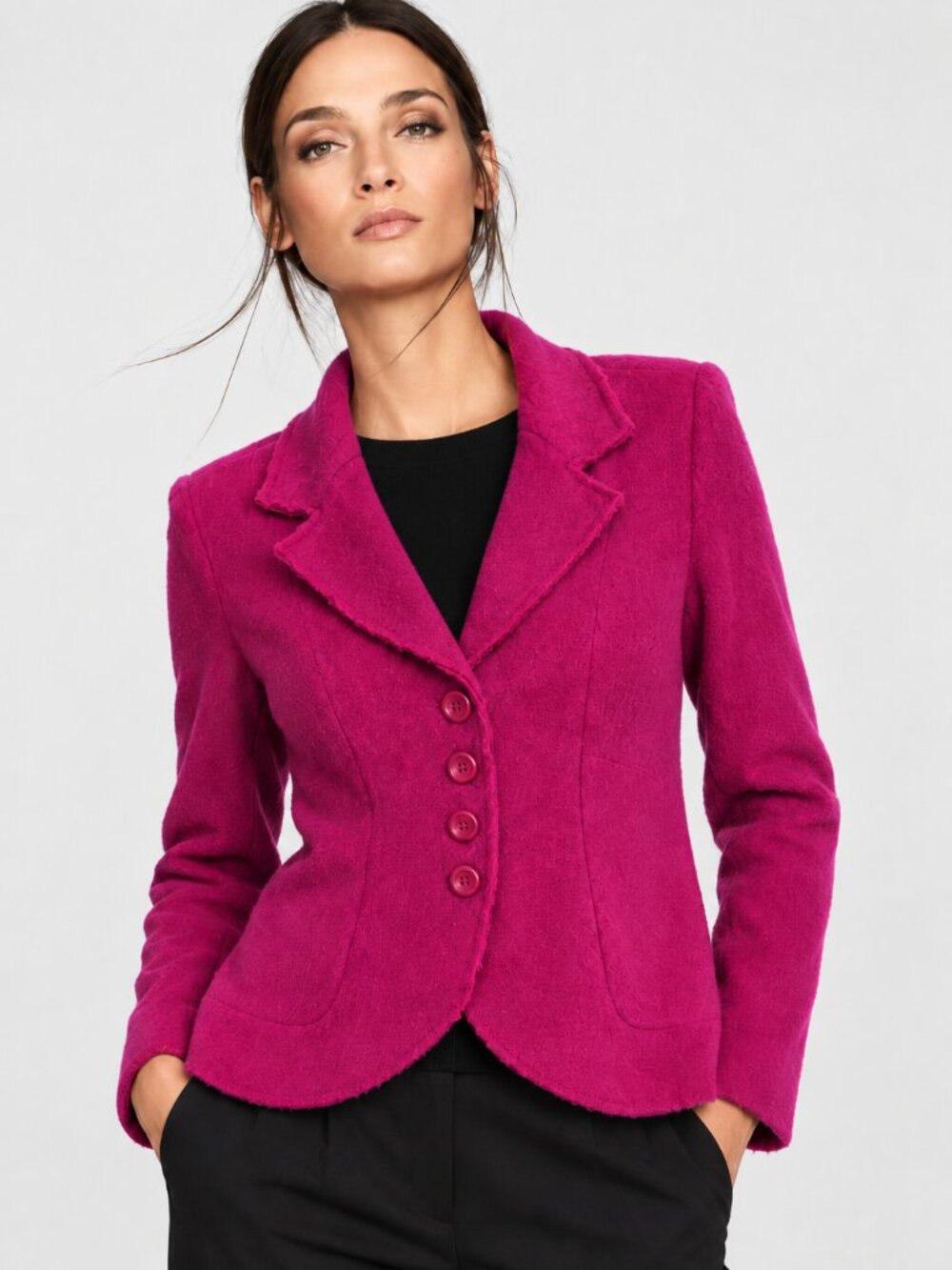 100% boiled wool, hot pink jacket with raw edges